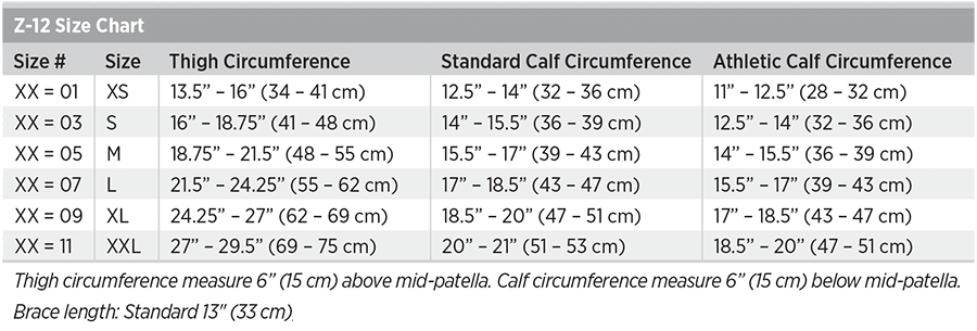 Z-12 Size Chart