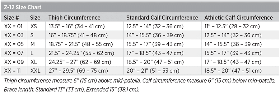 Z-12 Size Chart