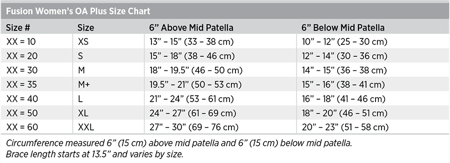 Fusion Women’s OA Plus Size Chart