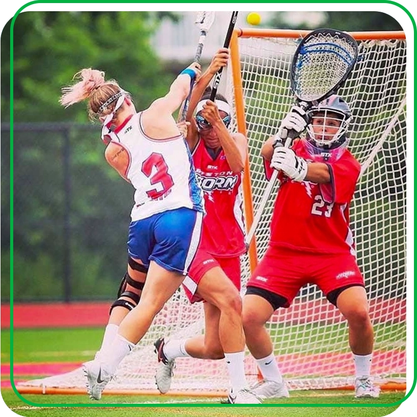 Christina Esposito plays field hockey while wearing knee brace