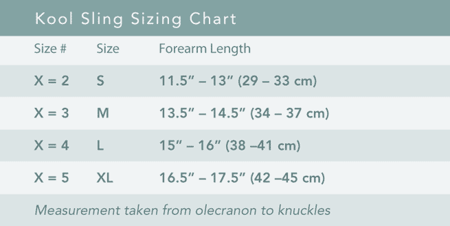 KoolSling and KoolSling Immobilizer Size Chart